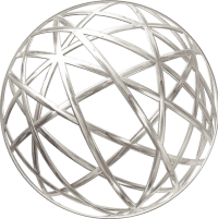An intricate, spherical metal sculpture composed of intersecting aluminium rods, creating a geometric lattice structure.