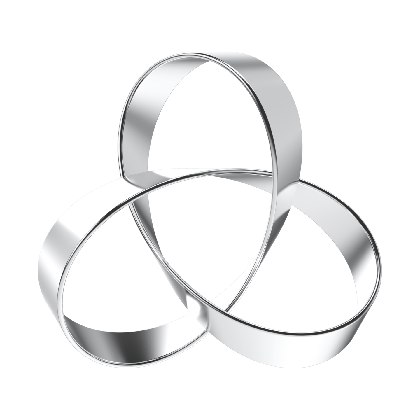 A triquetra, a symmetrical design consisting of three overlapping ovals, forms a continuous knot. The symbol is rendered in shiny, reflective silver, giving it a sleek and modern appearance against a solid black background.